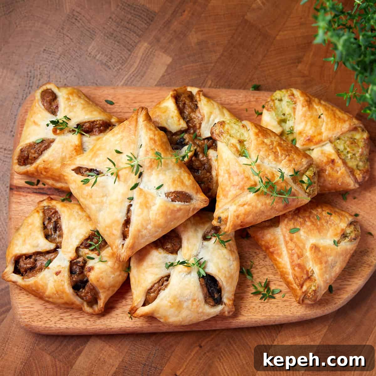 Overhead photo showing vegan mushroom hand pies on a board with some broccoli versions to the right hand side.