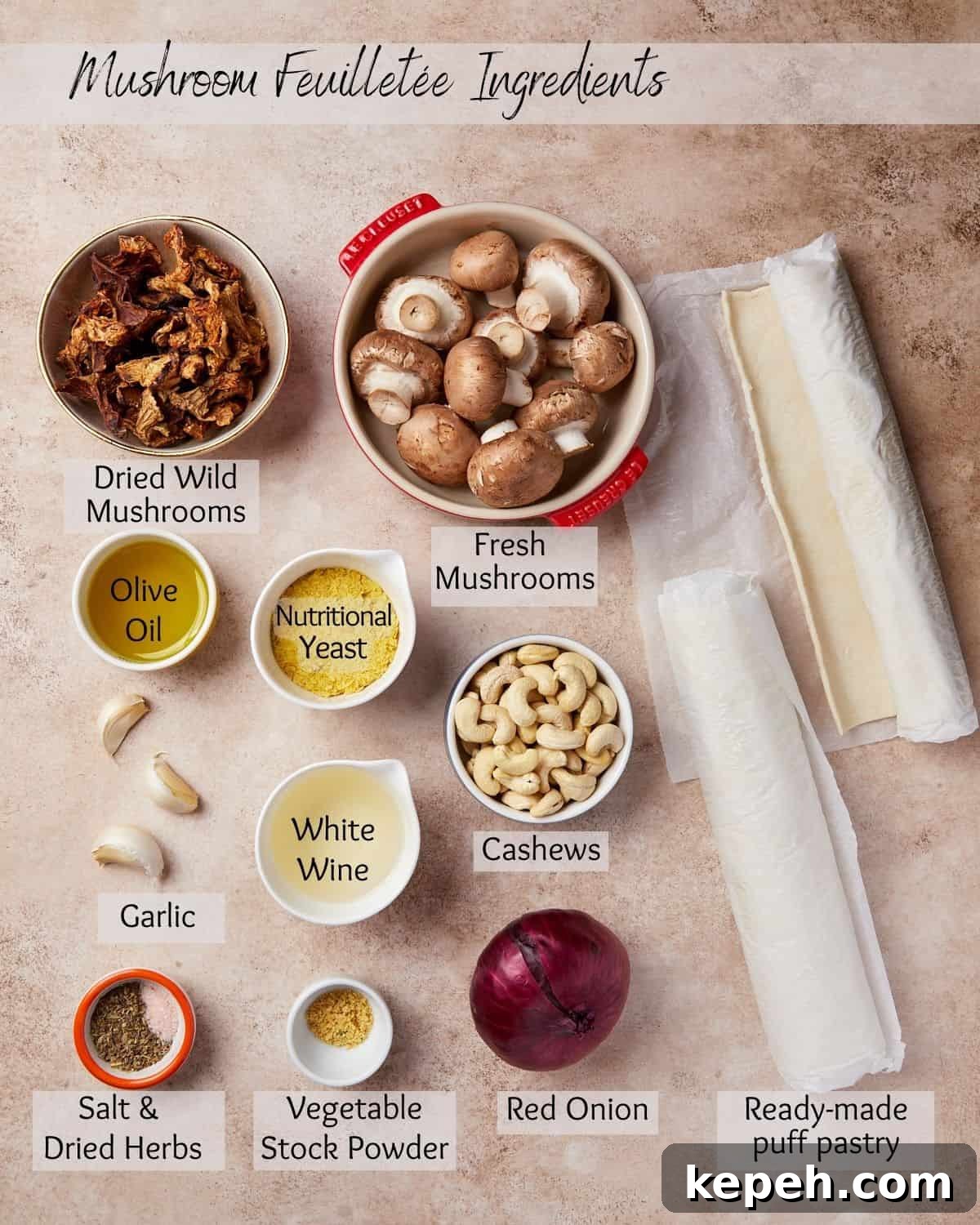 Labelled photo showing the ingredients to make vegan wild mushroom puff pastry hand pies.