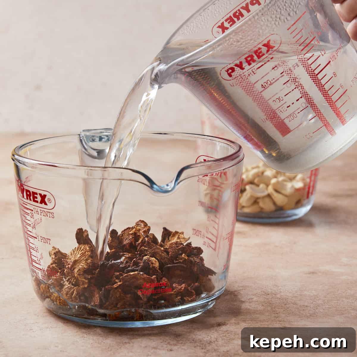 Photo showing boiling water being poured into a jug of dried wild mushrooms.