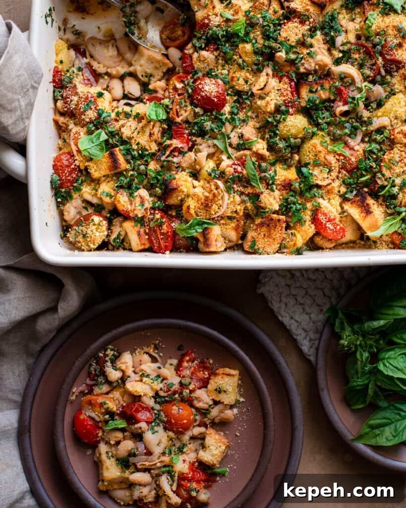 tomato and white bean casserole with serving on a ceramic plate