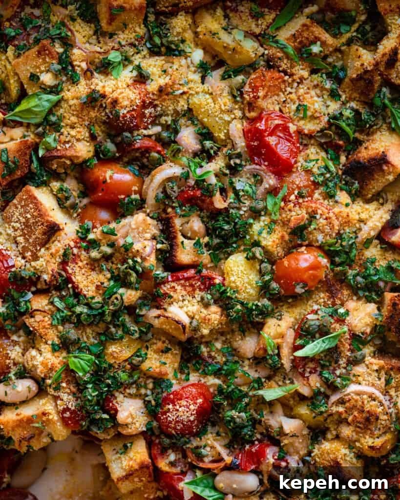 flatlay closeup of tomato and white bean casserole