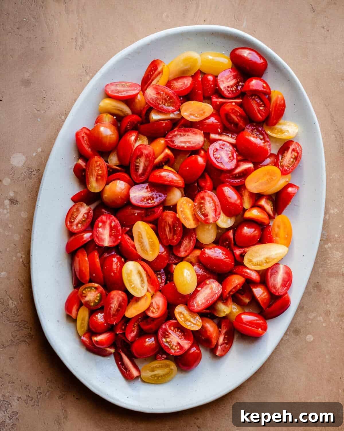 platter of sliced rainbow cherry tomatoes 