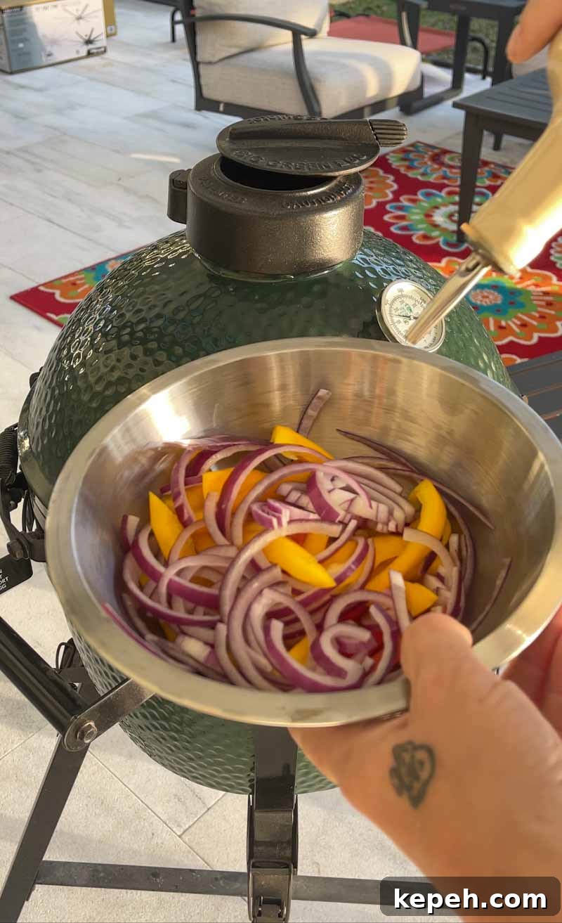 Sliced peppers and onions ready