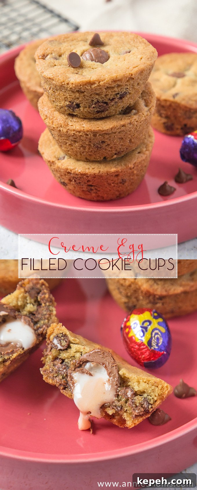 Soft and chewy chocolate chip cookies stuffed with a mini Cadbury Creme Egg. The perfect, easy Easter bake!