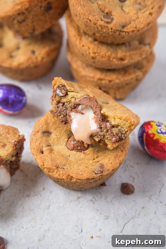 Soft and chewy chocolate chip cookies stuffed with a mini Cadbury Creme Egg. The perfect, easy Easter bake!