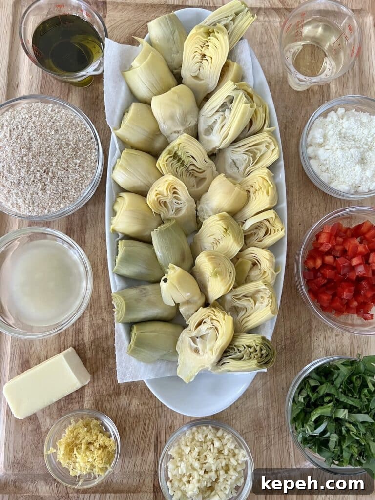 Prepped ingredients for Italian artichoke hearts.