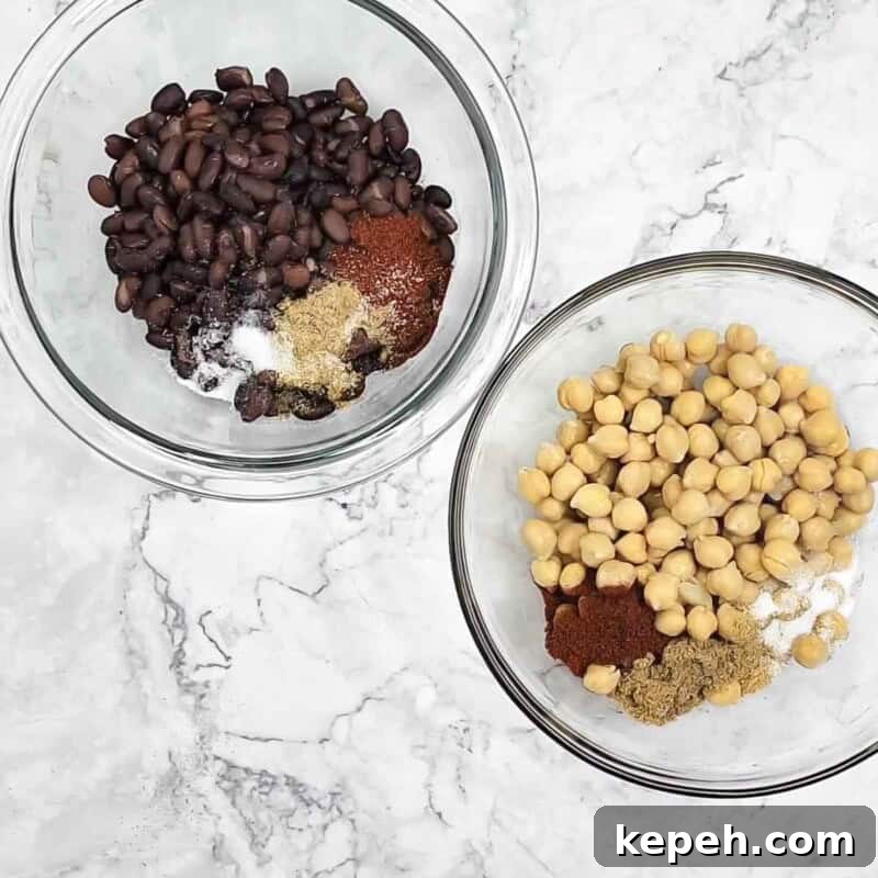 Overhead view of process shot 1 - place chickpeas in one bowl and black beans in the second bowl.