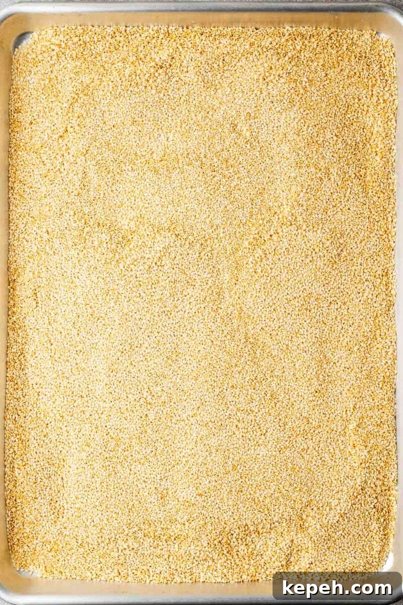 How to Toast Sesame Seeds on the Stove or in the Oven 5 Oven roasted sesame seeds on a sheet pan.