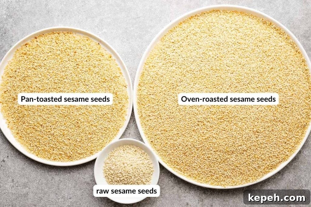 How to Toast Sesame Seeds on the Stove or in the Oven 10 Comparison of a small plate with slightly uneven toasted pan-toasted sesame seeds and evenly oven-roasted sesame seeds.