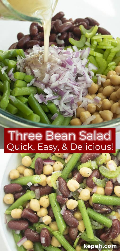 Classic Three-Bean Salad Recipe for Summer Potlucks 11 Photos of bean salad being made titled Three Bean Salad Quick, Easy, & Delicious!