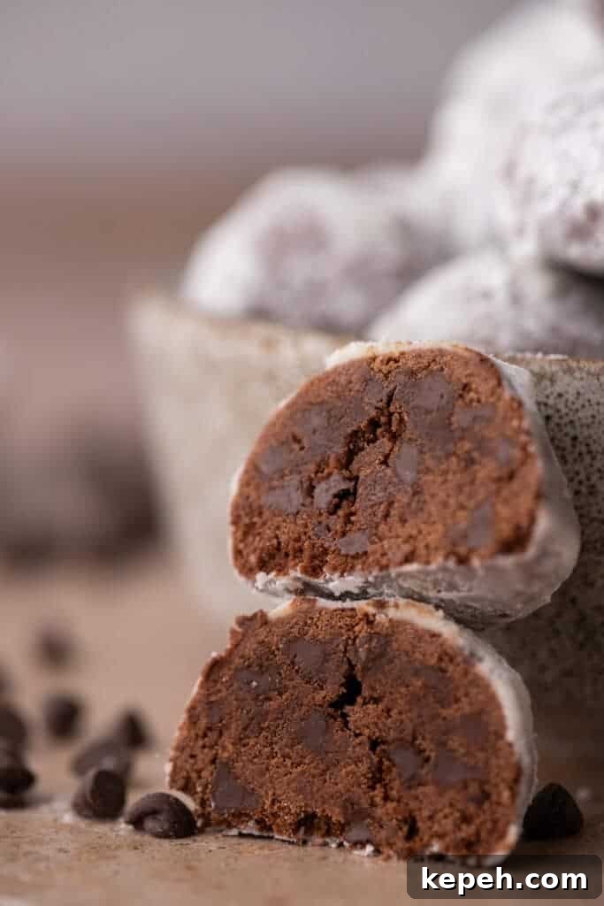 Rich Chocolate Snowball Cookies — Soft, Decadent Cocoa Bites 5 Two chocolate cookies stacked to show their soft