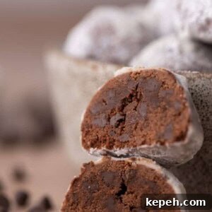Rich Chocolate Snowball Cookies — Soft, Decadent Cocoa Bites 6 Two chocolate cookies stacked to show their soft