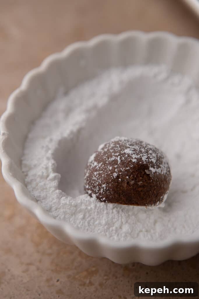 Rich Chocolate Snowball Cookies — Soft, Decadent Cocoa Bites 4 Chocolate dough ball coated lightly in powdered sugar.