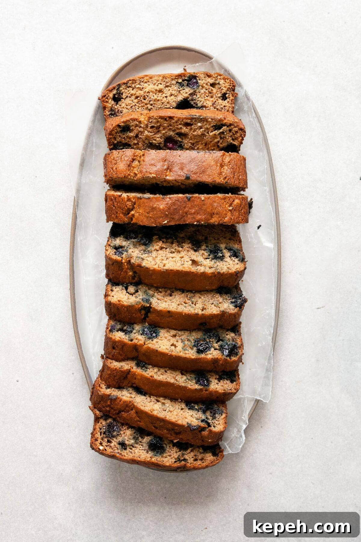 Oil-free blueberry banana bread made with almond flour and oat flour.