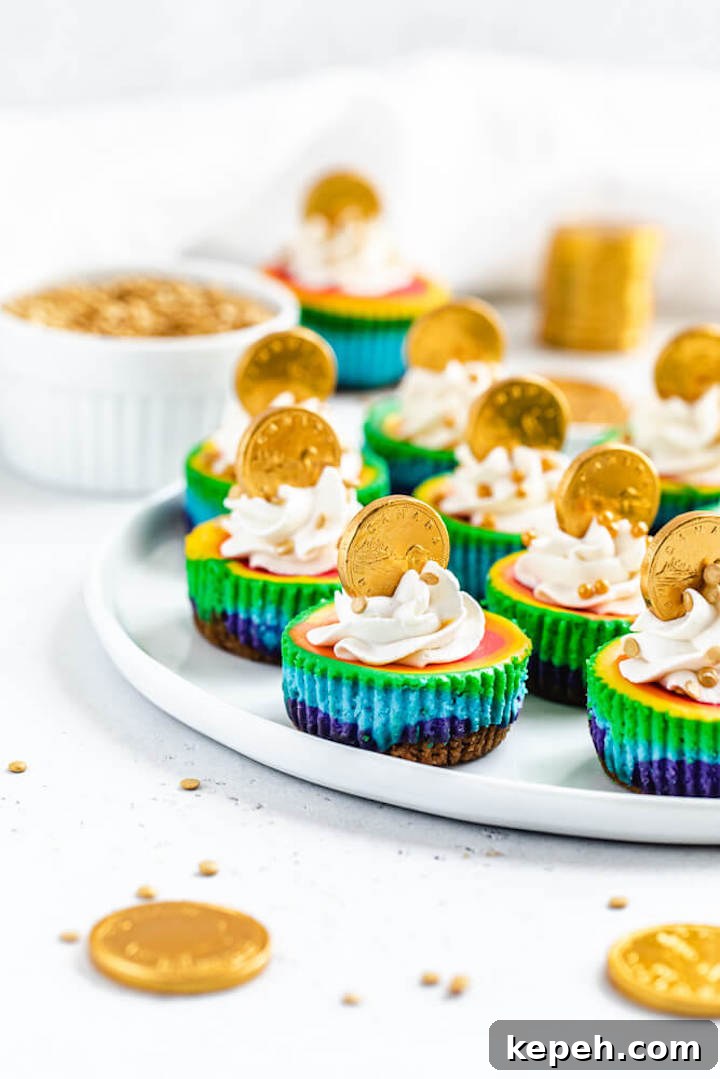Mini Rainbow Cheesecakes with Pot of Gold Surprise 12 colourful mini cheesecakes on a white plate