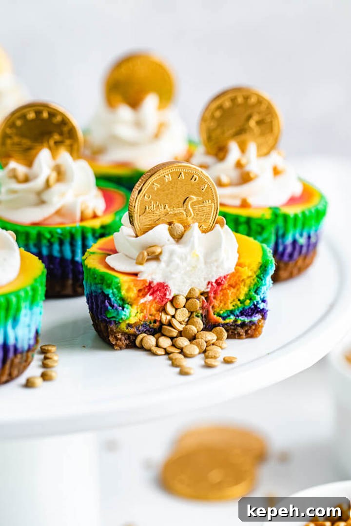 Mini Rainbow Cheesecakes with Pot of Gold Surprise 3 close up of cheesecake with gold sprinkles spilling out