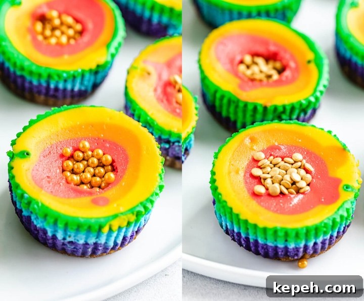 Mini Rainbow Cheesecakes with Pot of Gold Surprise 7 gold sprinkles inside of a small cheesecake