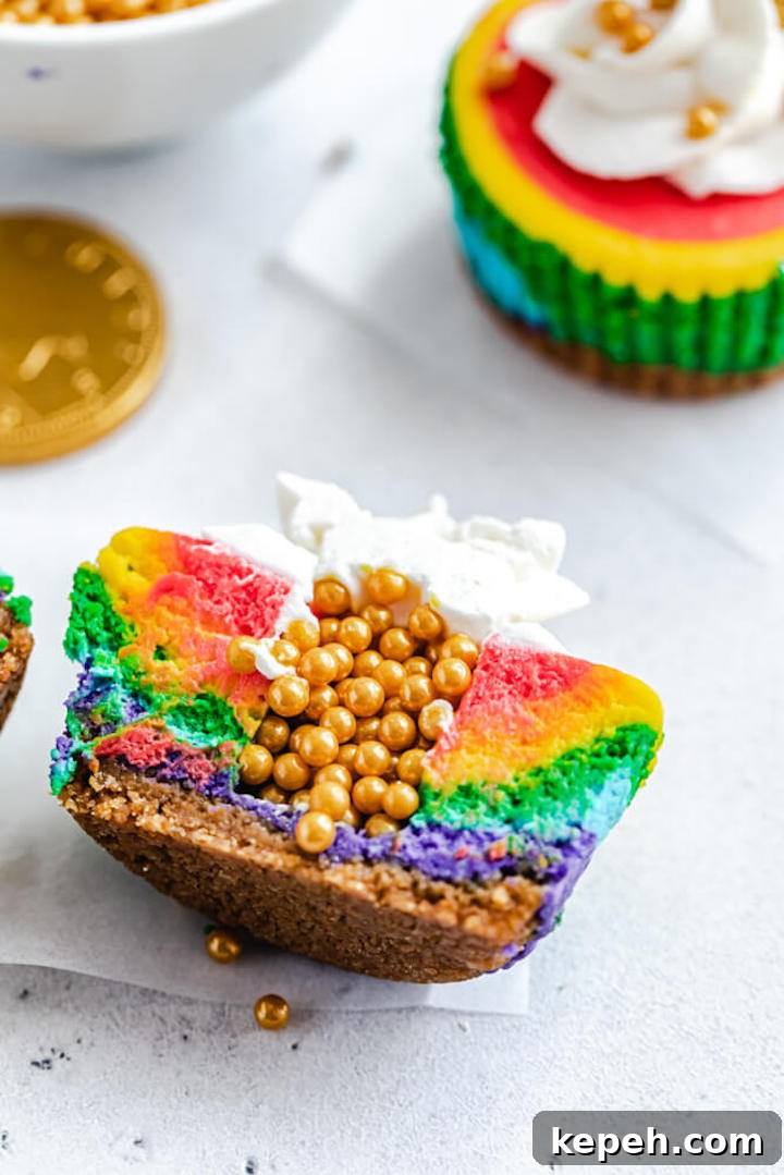 Mini Rainbow Cheesecakes with Pot of Gold Surprise 8 half of a rainbow coloured cheesecake with gold sprinkles in the middle