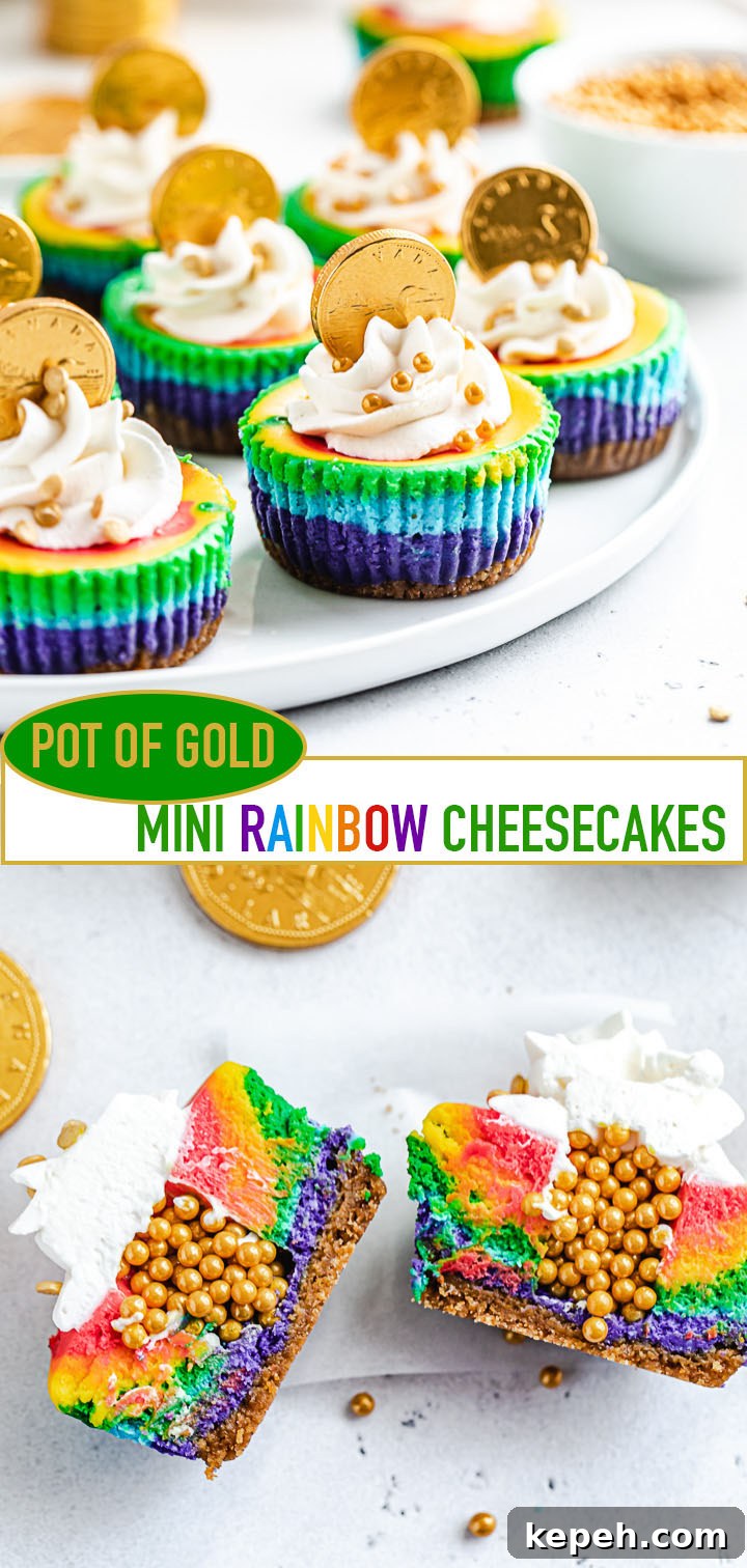 Mini Rainbow Cheesecakes with Pot of Gold Surprise 10 long pin image for Pinterest