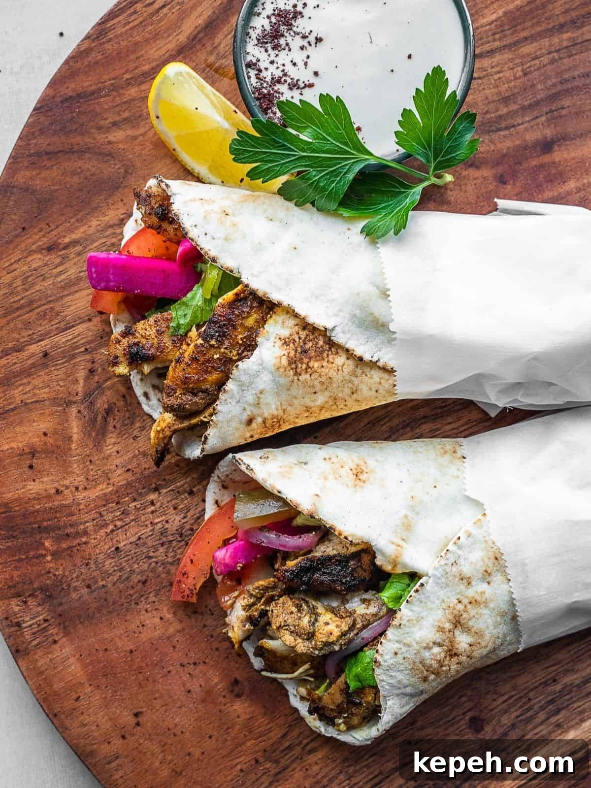 Lebanese Chicken Shawarma Recipe: Wraps or Bowls Made at Home 11 Chicken shawarma pita wraps on a board.