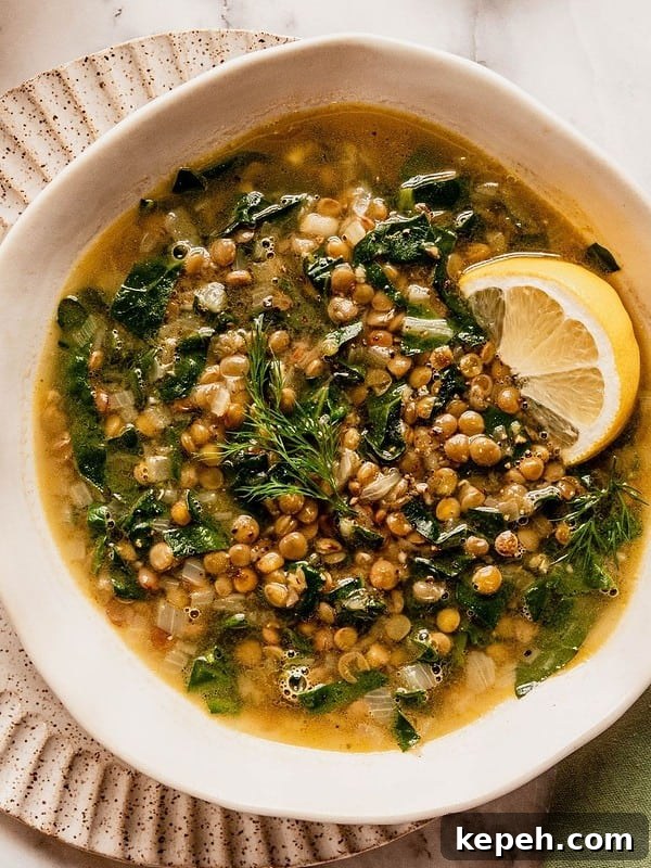 Lentil soup with Swiss chard and lemon garnished with dill and a lemon wedge in a bowl.