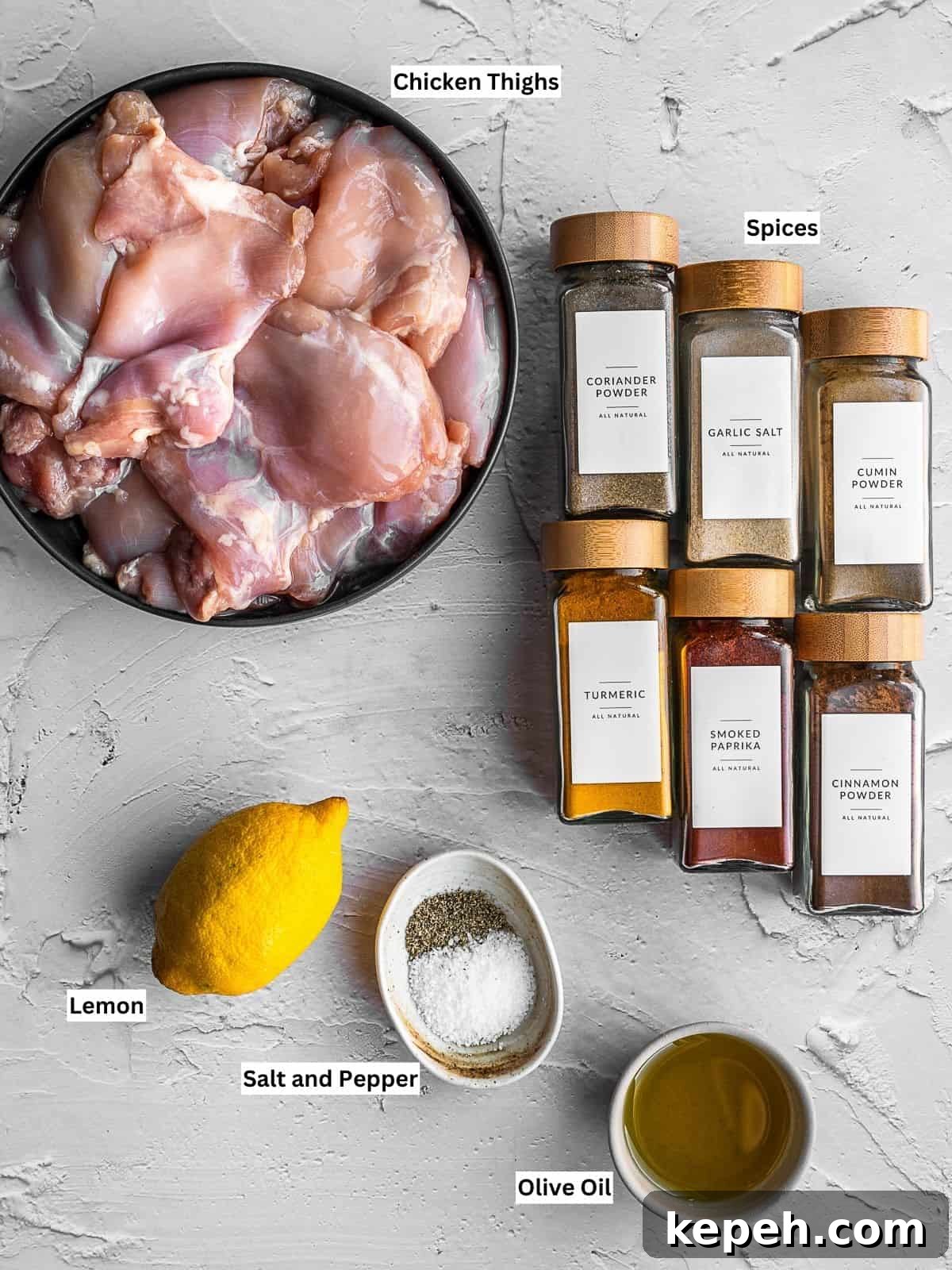 Lebanese Chicken Shawarma Recipe: Wraps or Bowls Made at Home 3 Lebanese chicken shawarma recipe ingredients with individual labels.