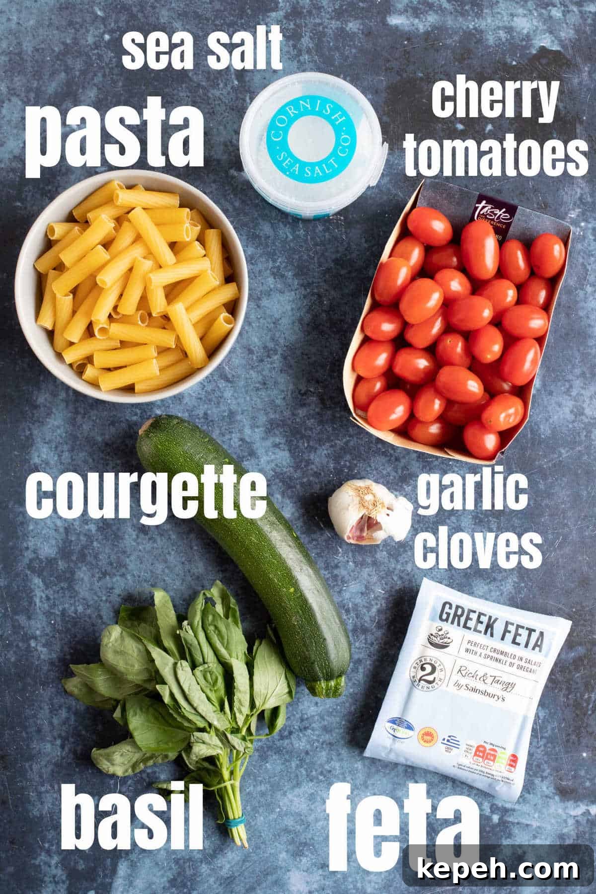 Tomato, Zucchini & Feta Baked Pasta Recipe 3 Ingredients for baked feta pasta with courgettes and tomatoes.