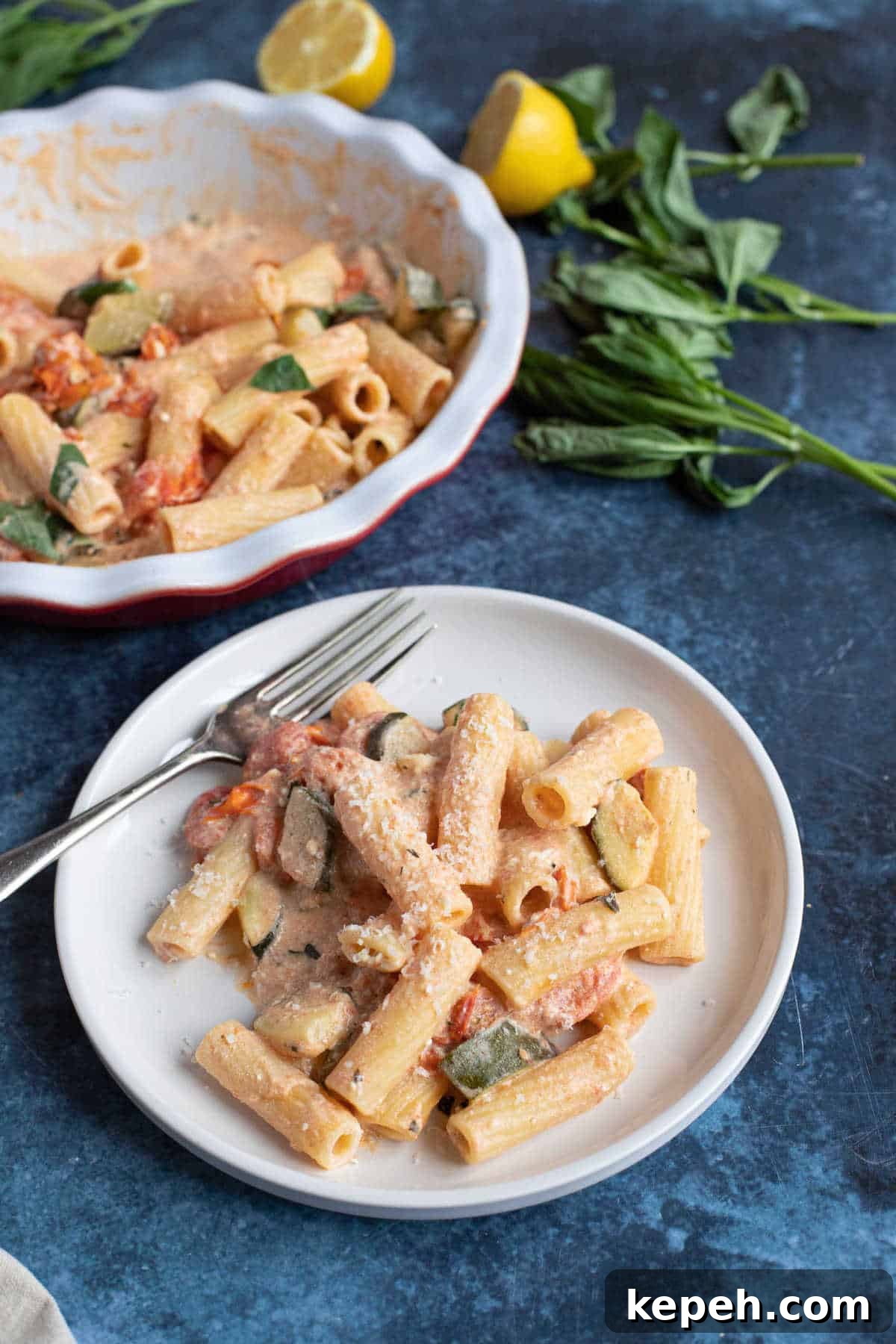 Tomato, Zucchini & Feta Baked Pasta Recipe 6 A plate of baked feta pasta.