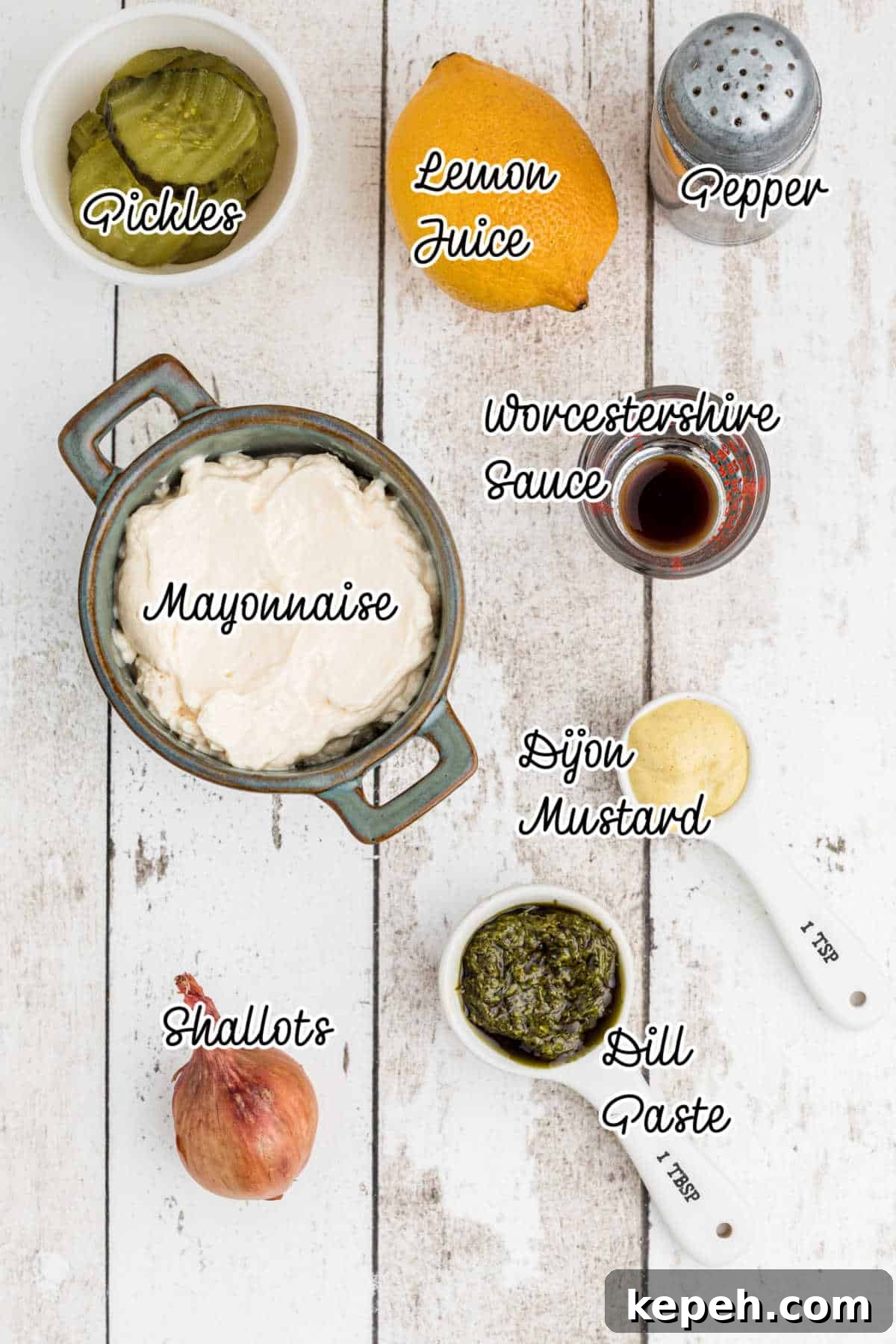 Ingredients laid out that will be needed to make a southern tartar sauce with text overlay.