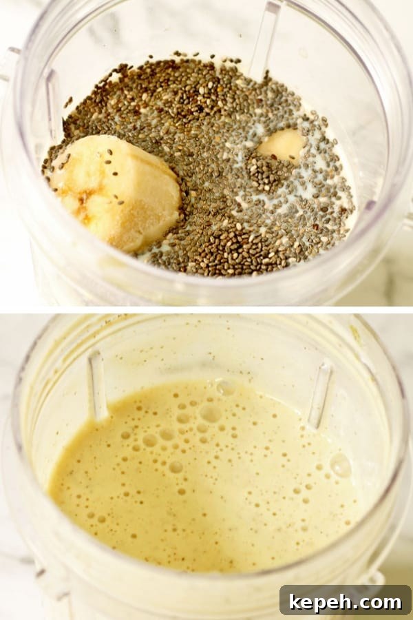 Creamy Chia Banana Yogurt Smoothie Recipe 4 chia banana smoothie before and after blending