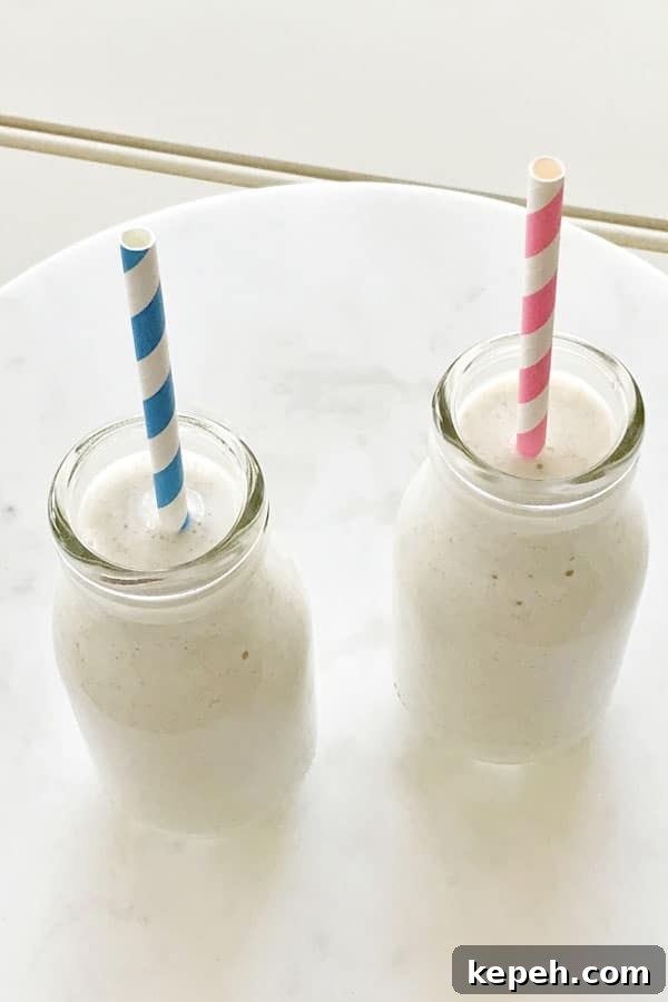Creamy Chia Banana Yogurt Smoothie Recipe 5 two small milk bottles filled with chia banana smoothie