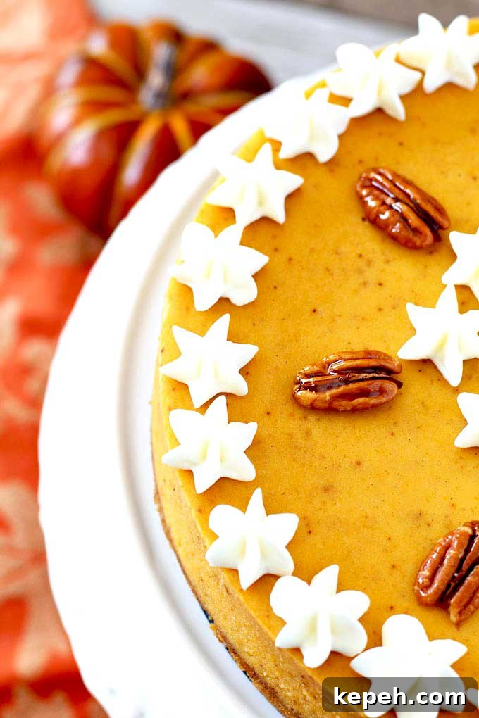 Pumpkin Cheesecake with Pecan Graham Cracker Crust Recipe 3 Top view of half of a decorated pumpkin cheesecake.