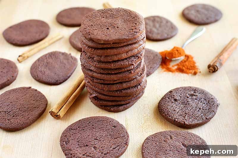 Spicy Mexican Hot Chocolate Cookies to Kick Off Baking Season 6 Chocolate cookies are scattered on a beige wooden surface, with a spoonful of cayenne pepper, cinnamon sticks, and a tall stack of cookies in the middle.