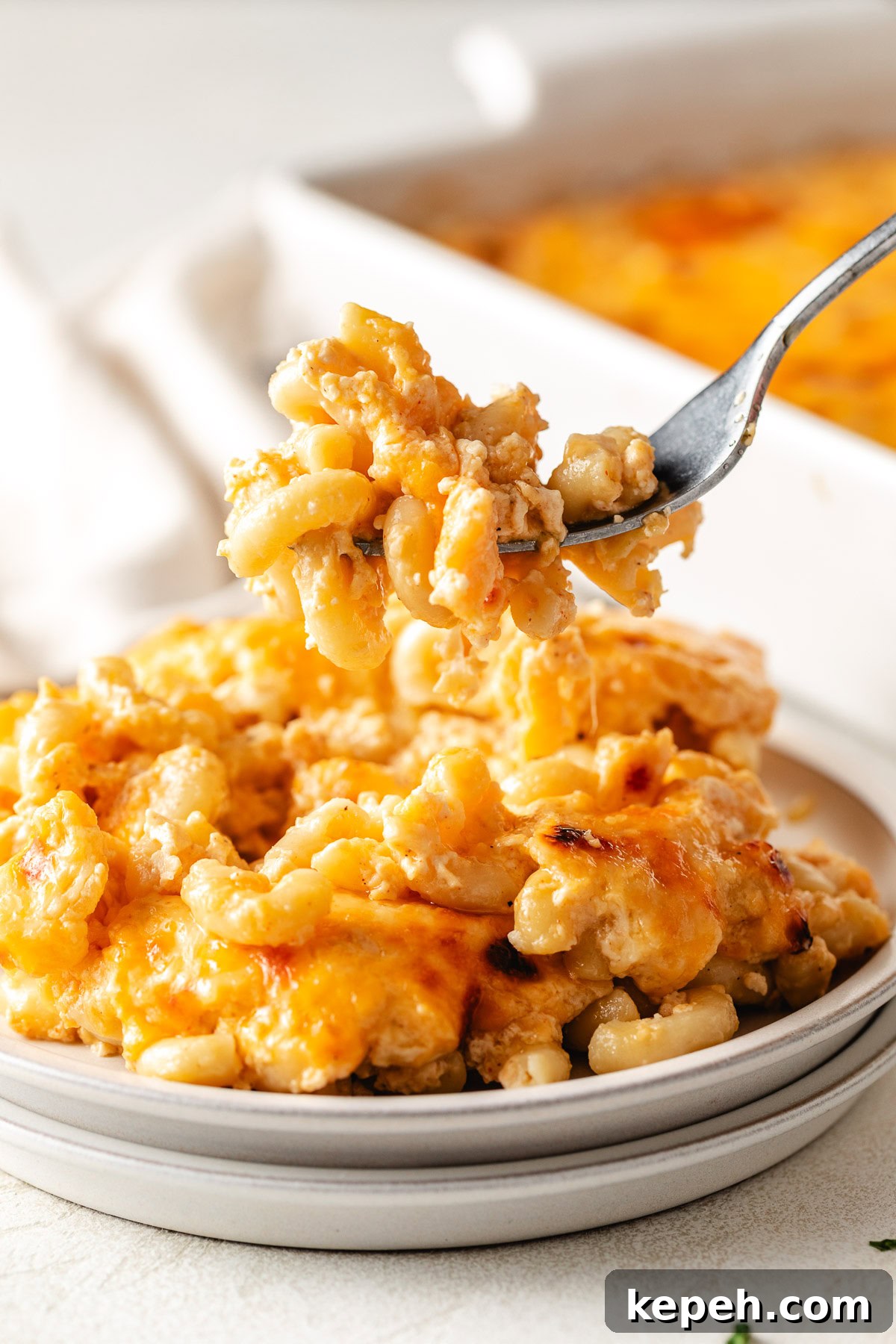 Fork holding up Southern mac and cheese.