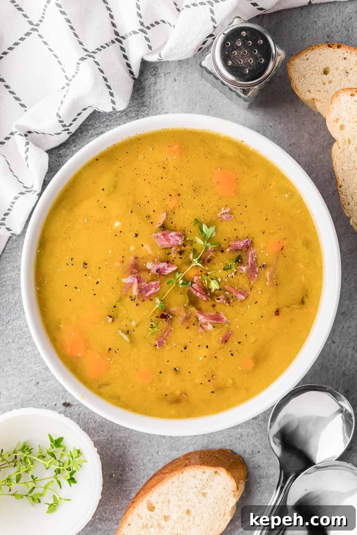 split pea soup in bowl.