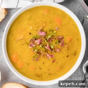 split pea soup in bowl.