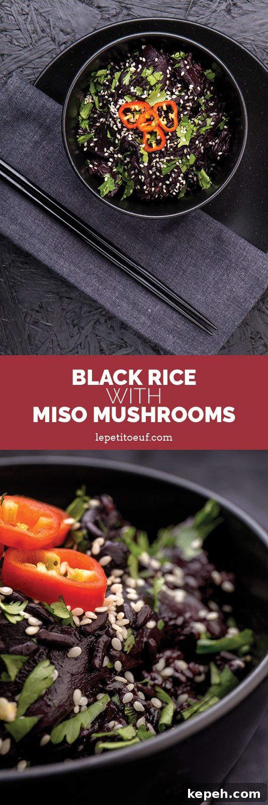 Black rice and wild mushrooms are the star of this one pot cooked on a base of onion, garlic & ginger, mixed with miso paste, mirin and vegetable stock then garnished with chilli, sesame seeds and coriander. It's a dark, rich and mysterious vegetarian and vegan one pot!