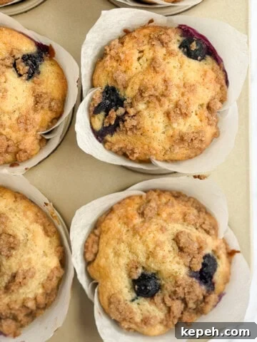 a closeup of a few blueberry peach muffins.