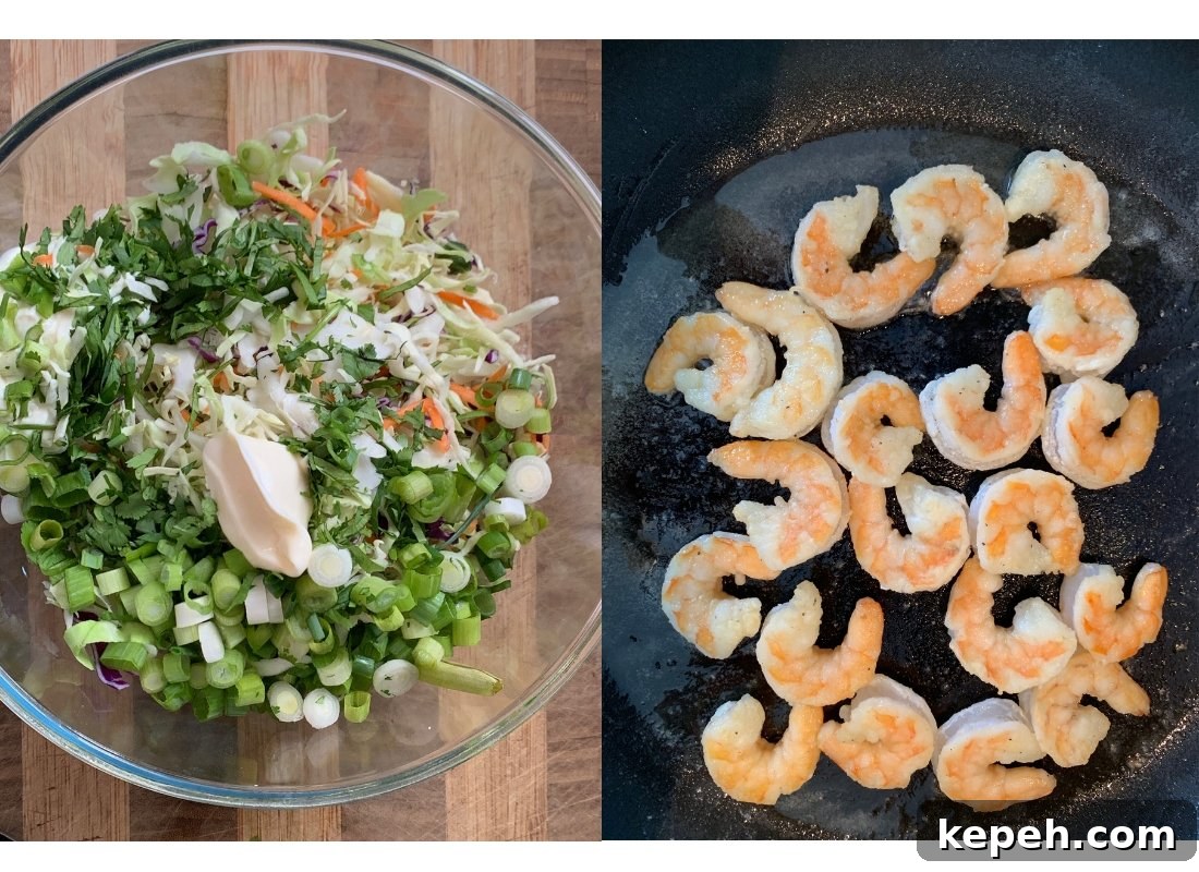 Crispy Bang Bang Shrimp Tacos with Creamy Slaw 4 A photo collage of ingredients for cilantro slaw in a bowl and shrimp cooking in a pan.