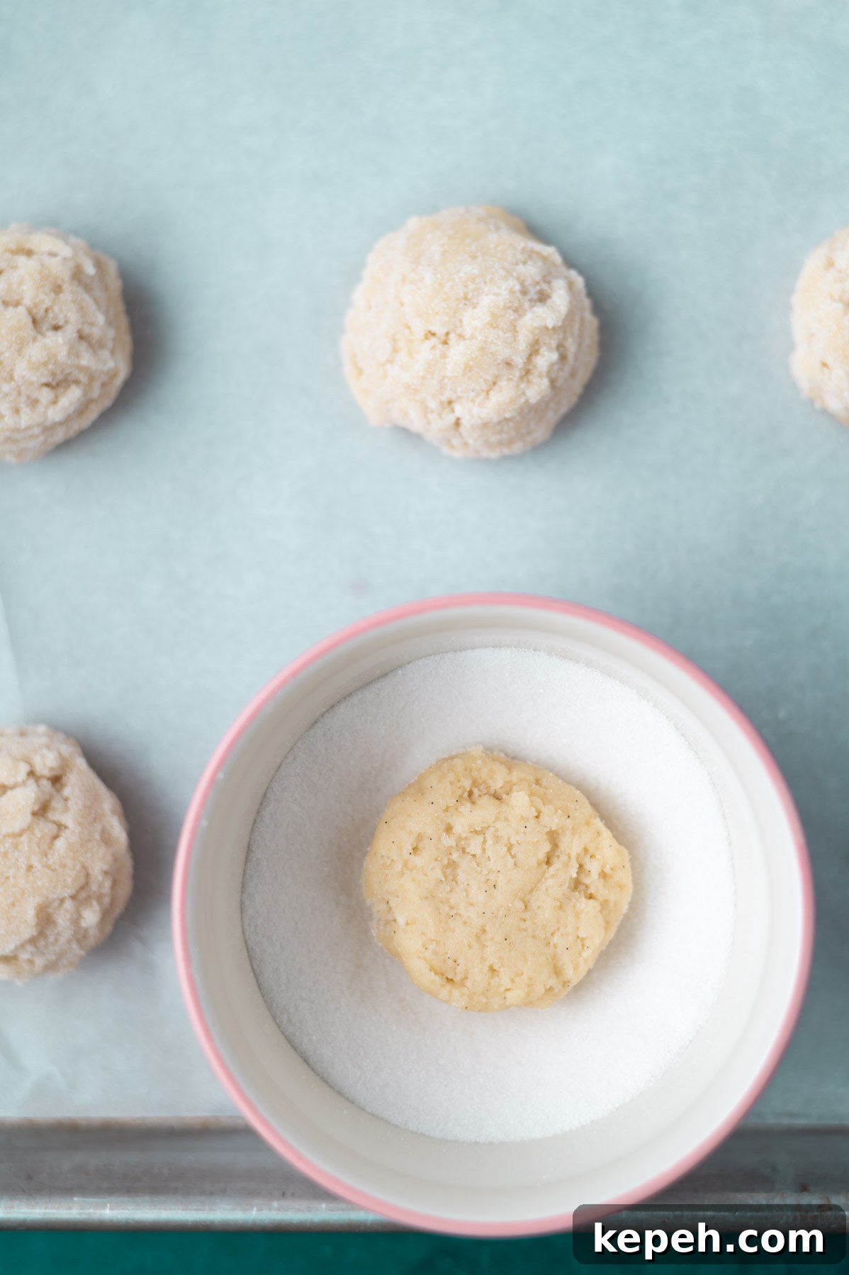 Classic Vanilla Bean Cookies with Old Fashioned Flavor 8 cookie dough balls on a parchment lined sheet pan with one in a bowl of sugar
