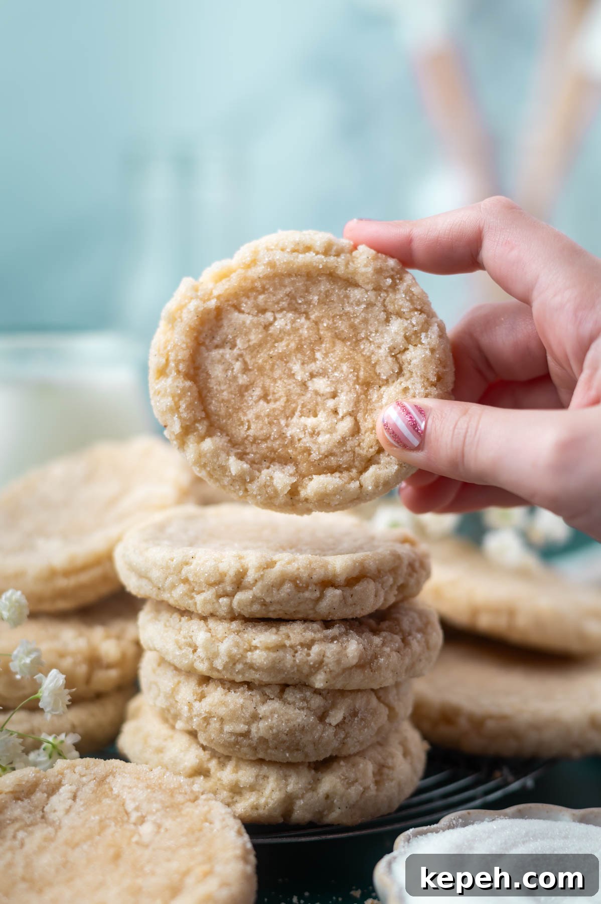 Classic Vanilla Bean Cookies with Old Fashioned Flavor 10 hand grabbing a cookie from a stack