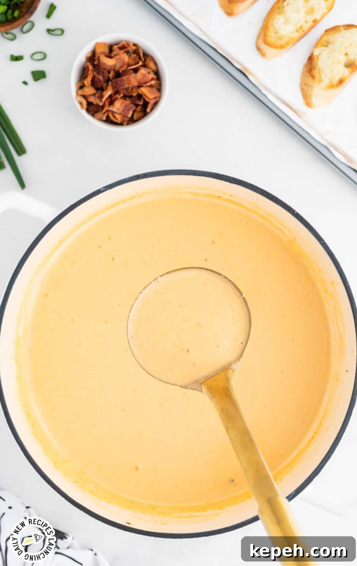overhead shot of a pot of Beer Cheese Soup