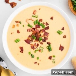 close up overhead shot of a bowl of Beer Cheese Soup topped with bacon bits and green onions