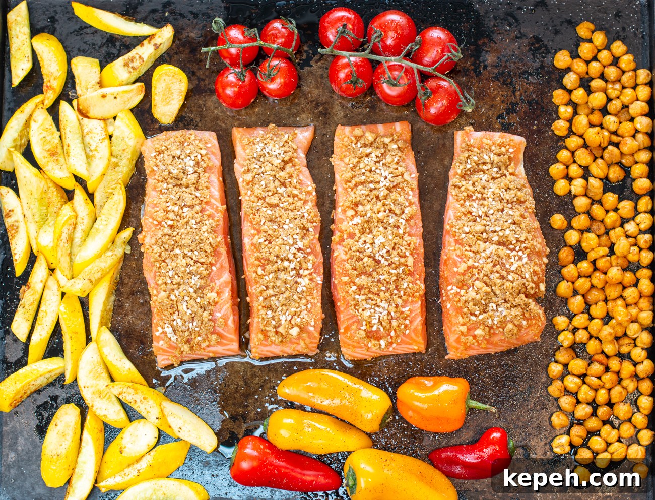 Egyptian Dukkah Sheet-Pan Salmon with Veggies and Chickpeas 11 All ingredients cook together for easy clean-up