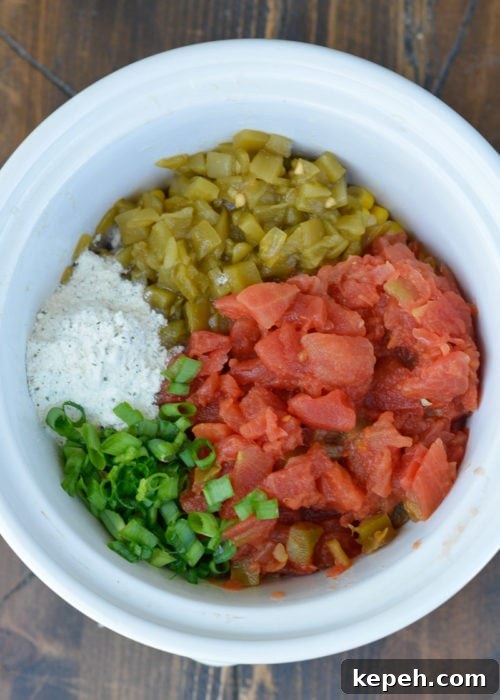 Creamy Slow Cooker Corn Dip 5 canned tomatoes, green chilis, powdered ranch seasoning, and chopped green onions in a slow cooker