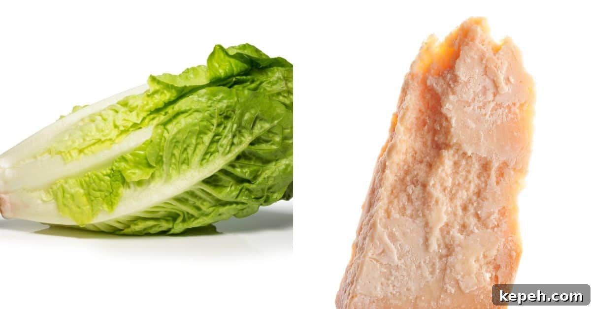 Classic Caesar Salad with Homemade Dressing 4 A head of romaine lettuce and a wedge of hard cheese against a white background, key components for the best Caesar salad.
