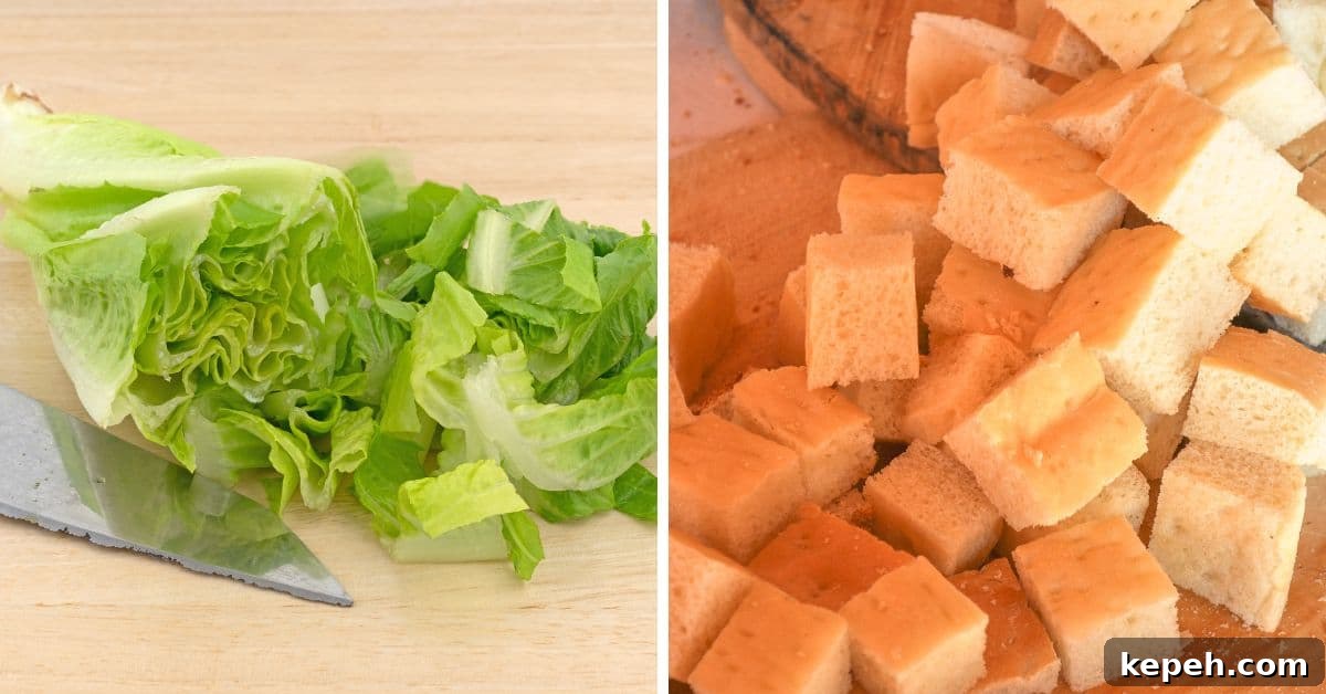 Classic Caesar Salad with Homemade Dressing 5 Fresh lettuce and diced bread on cutting boards for the best Caesar salad.
