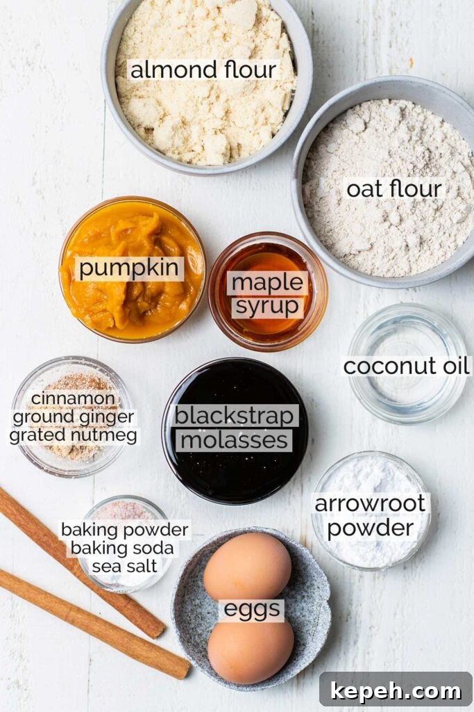 Moist Gluten-Free Gingerbread Loaf Recipe 3 The ingredients needed for a gluten free gingerbread loaf shown with labels.