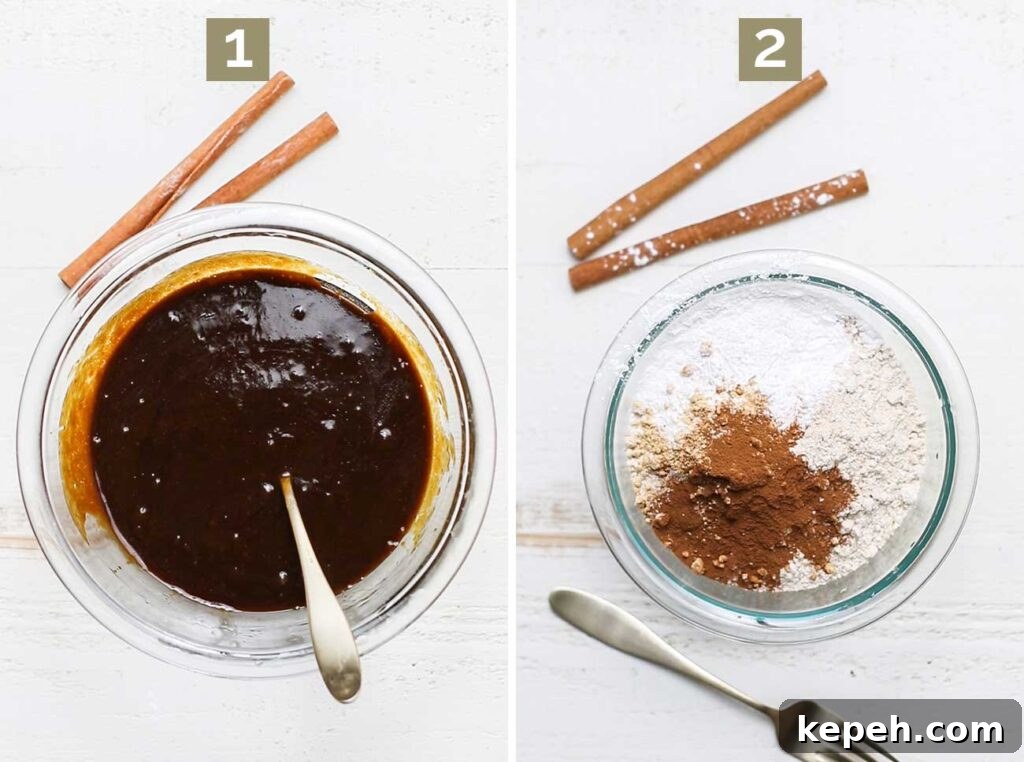 Moist Gluten-Free Gingerbread Loaf Recipe 5 Step 1 shows whisking the eggs and molasses, and step 2 shows combining the dry ingredients.