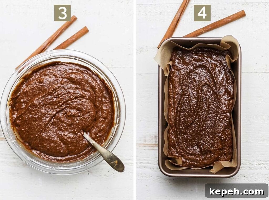 Moist Gluten-Free Gingerbread Loaf Recipe 6 Step 3 shows combining the wet ingredients and the dry to make the cake batter, and step 4 shows pouring it into a loaf pan.